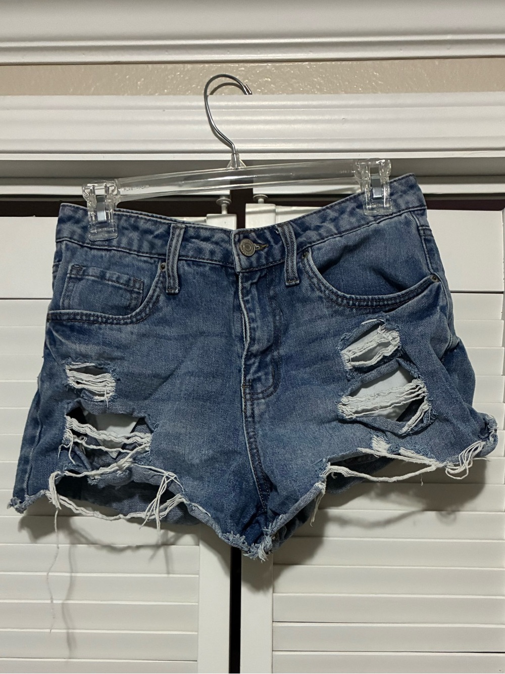 Ripped High-Rise Denim Shorts in Blue